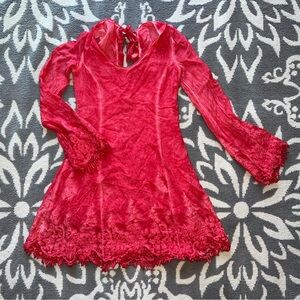 Red Lace Dress Bohemian Bell Sleeve Size XS